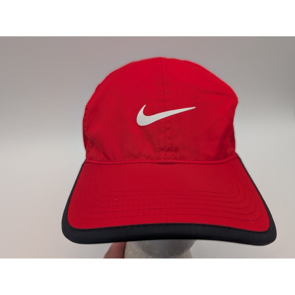 Nike Featherlight Dri-FIT Running Hat Red Black Adjustable Swoosh Cap